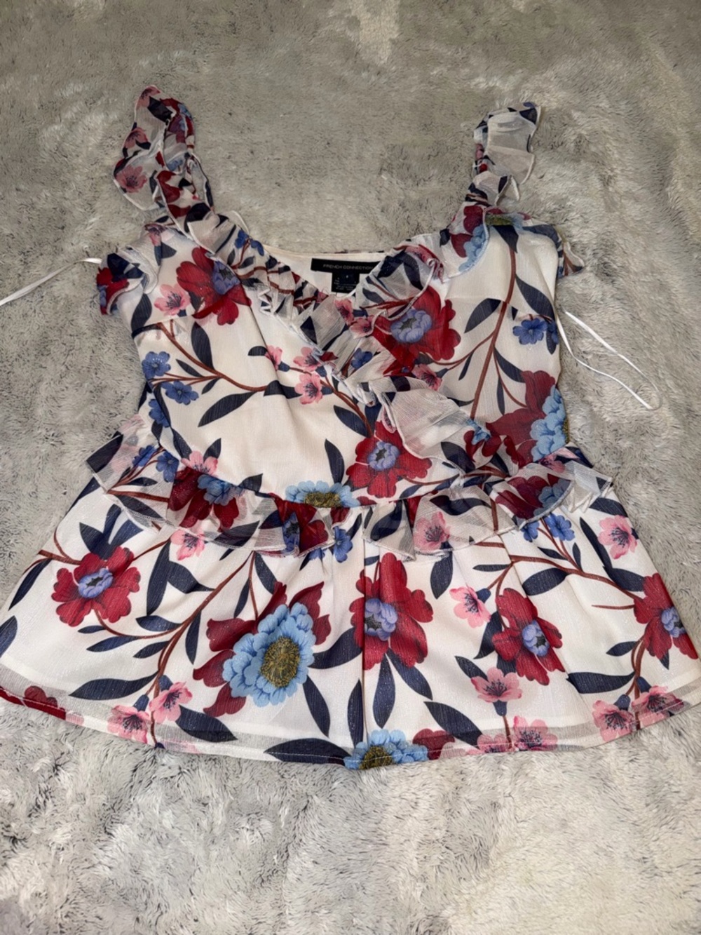 French Connection White Floral Ruffle Peplum Tank with Red & Blue Blooms